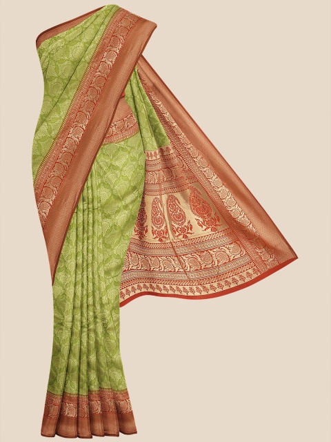 

KLM Fashion Mall Green & Red Floral Zari Silk Blend Banarasi Saree