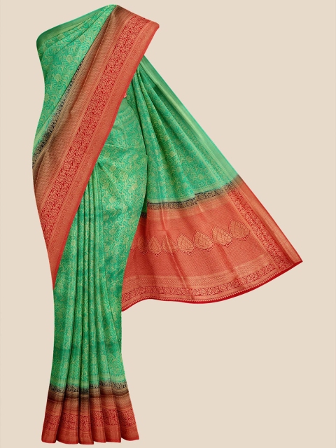 

KLM Fashion Mall Green & Red Floral Zari Silk Blend Banarasi Saree