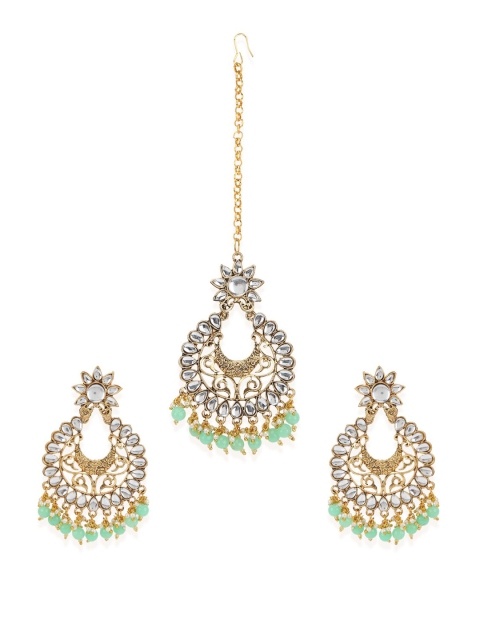 

ANIKAS CREATION Gold-Plated & Sea Green Stone-Studded Jadau Earring & Maangtikka Set