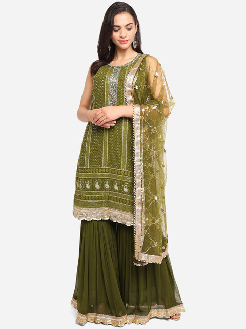 

BOMBAY SELECTIONS Women Green Embroidered Regular Kurta with Skirt & With Dupatta