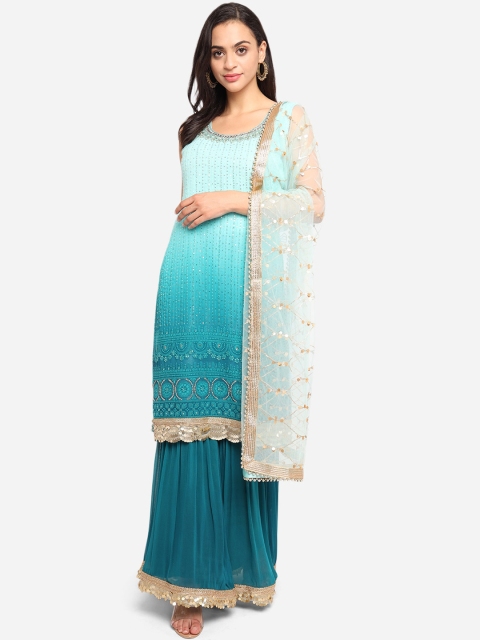 

BOMBAY SELECTIONS Women Blue Striped Regular Kurta with Skirt & With Dupatta