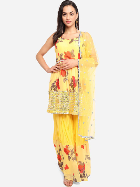 

BOMBAY SELECTIONS Women Yellow Printed Regular Kurta with Skirt & With Dupatta