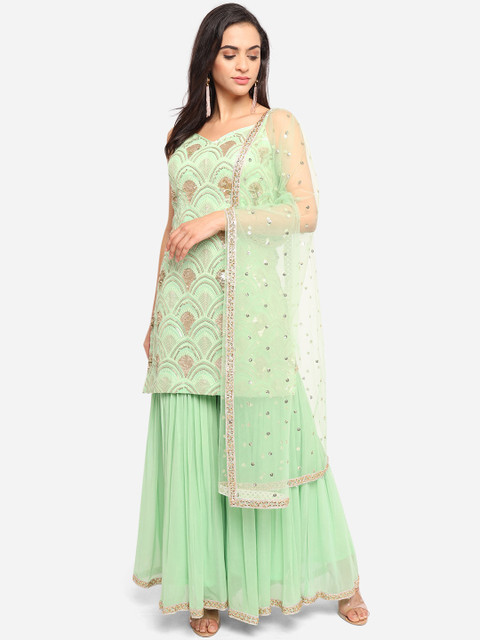 

BOMBAY SELECTIONS Women Green Embroidered Empire Kurti with Sharara & Dupatta