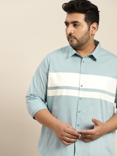 

Sztori Men Plus Size Blue & White Pure Cotton Horizontal Stripes Casual Shirt