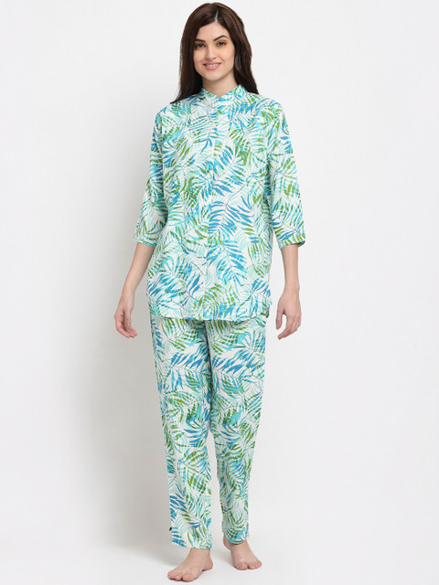 

Claura Women Turquoise Blue & White Printed Night suit