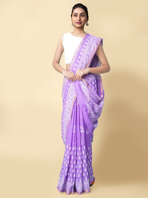 

Unnati Silks Violet & White Ethnic Motifs Zari Pure Cotton Sustainable Dabu Saree
