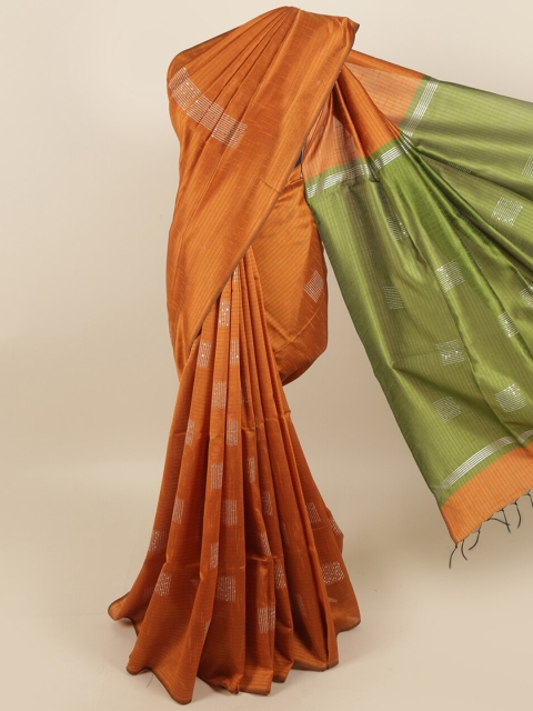 

Pothys Orange & Green Embellished Sequinned Jute Silk Saree