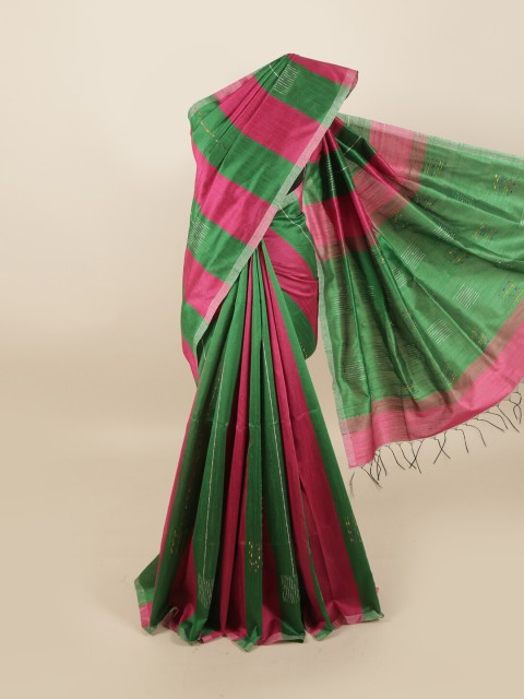 

Pothys Pink & Green Striped Jute Silk Saree