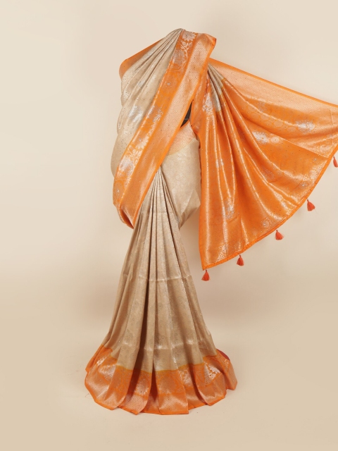 

Pothys Cream-Coloured & Orange Ethnic Motifs Sequinned Silk Blend Saree