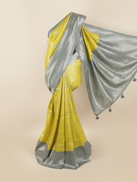 

Pothys Yellow & Grey Ethnic Motifs Sequinned Silk Blend Saree