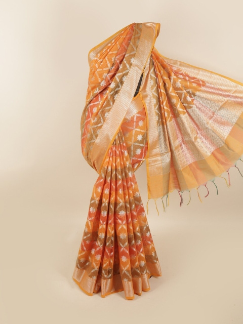 

Pothys Orange & Silver-Toned Ethnic Motifs Zari Saree