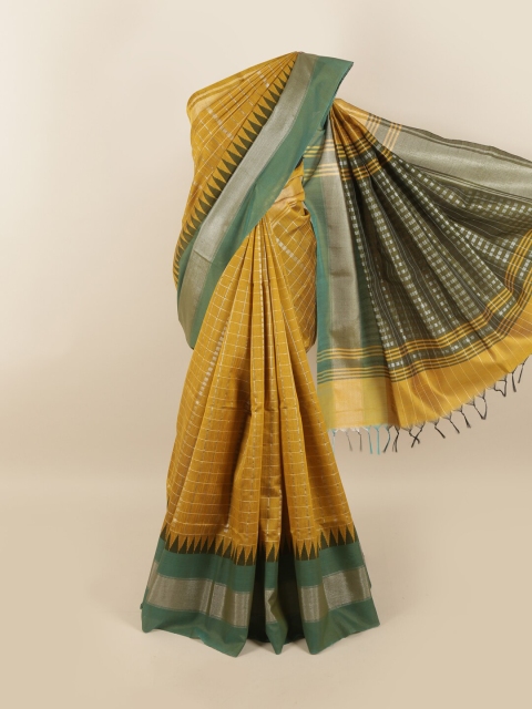 

Pothys Mustard Yellow & Green Checked Zari Jute Silk Saree