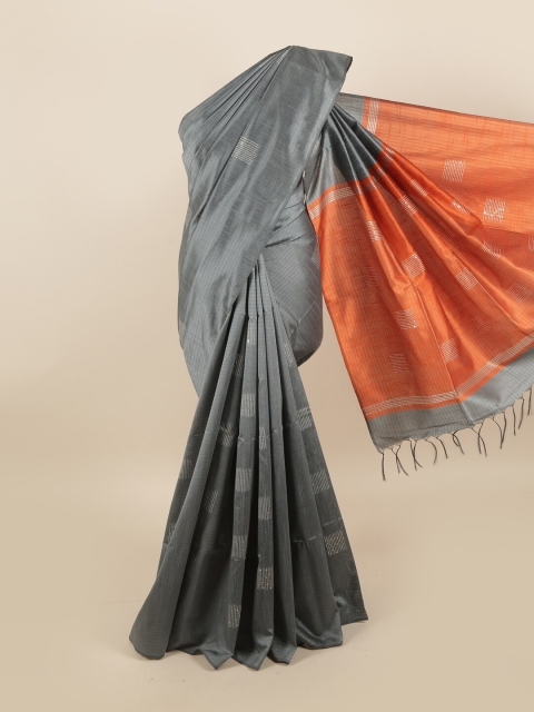 

Pothys Grey & Orange Woven Design Sequinned Jute Silk Saree