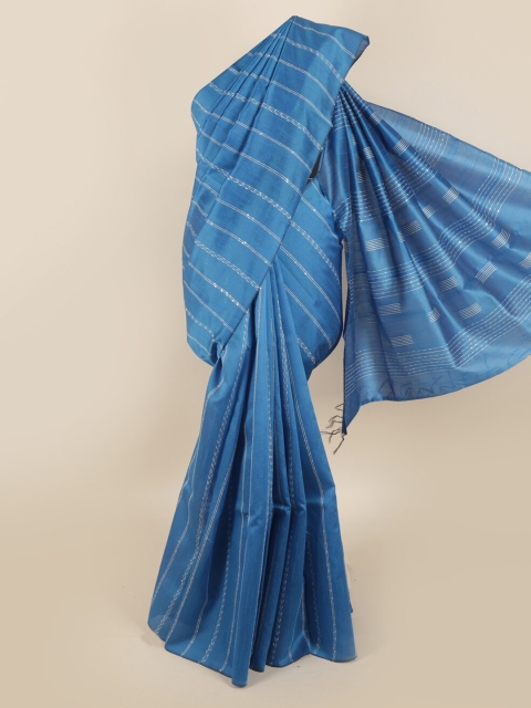 

Pothys Blue & Silver-Toned Striped Sequinned Jute Silk Saree