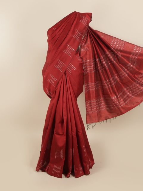 

Pothys Red & Silver-Toned Woven Design Sequinned Jute Silk Saree