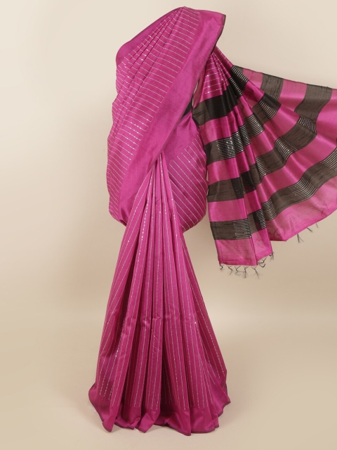 

Pothys Pink & Brown Striped Sequinned Jute Silk Saree