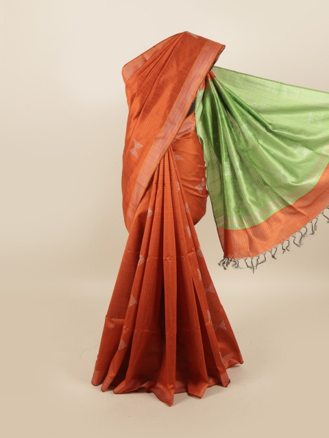 

Pothys Orange & Green Woven Design Sequinned Jute Silk Saree