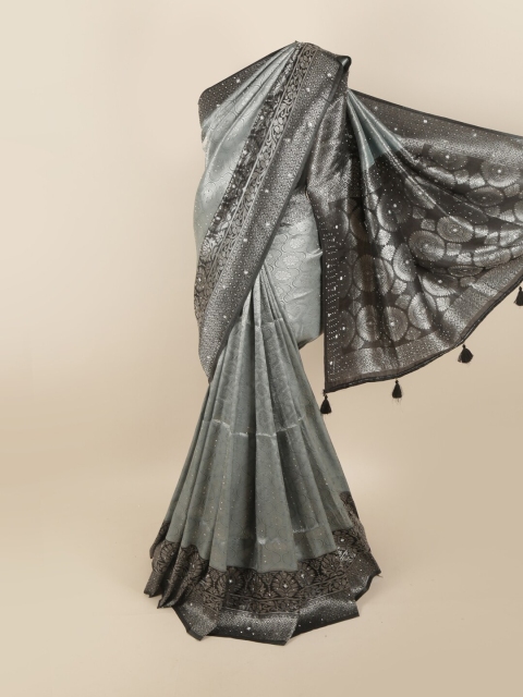 

Pothys Grey & Black Ethnic Motifs Beads and Stones Silk Blend Saree