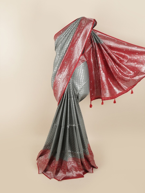 

Pothys Grey & Red Ethnic Motifs Zari Silk Blend Saree