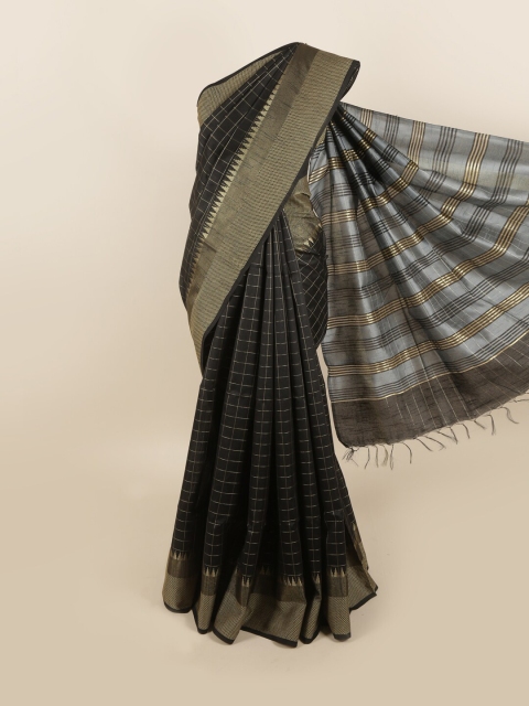 

Pothys Black & Gold-Toned Checked Zari Jute Silk Saree