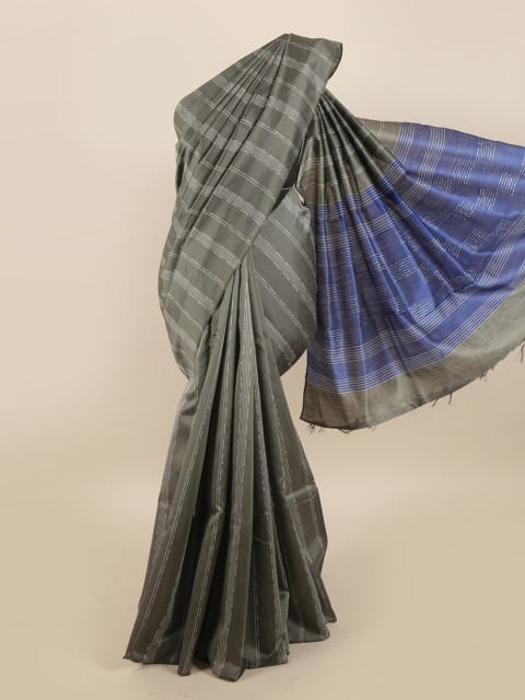 

Pothys Grey & Blue Striped Jute Silk Saree