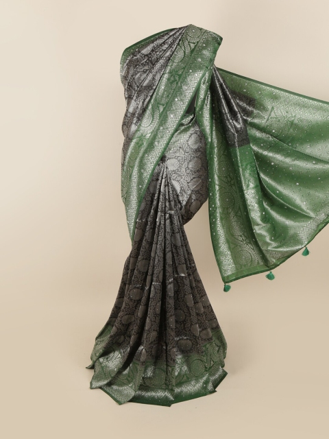 

Pothys Black & Green Ethnic Motifs Beads and Stones Silk Blend Saree