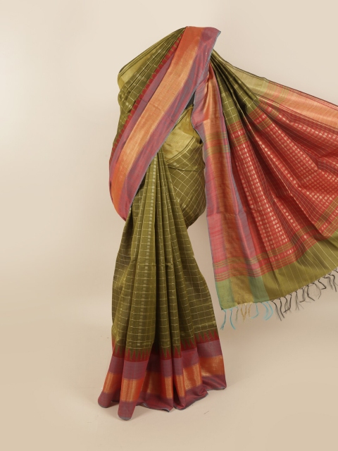 

Pothys Green & Gold-Toned Checked Zari Jute Silk Saree