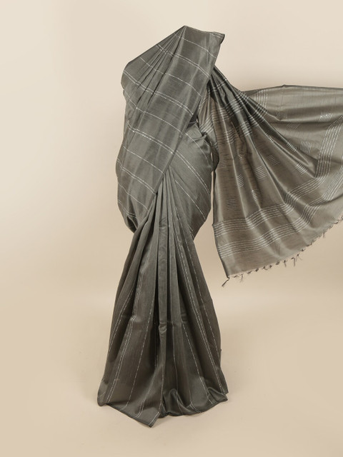 

Pothys Grey & Silver-Toned Striped Jute Silk Saree