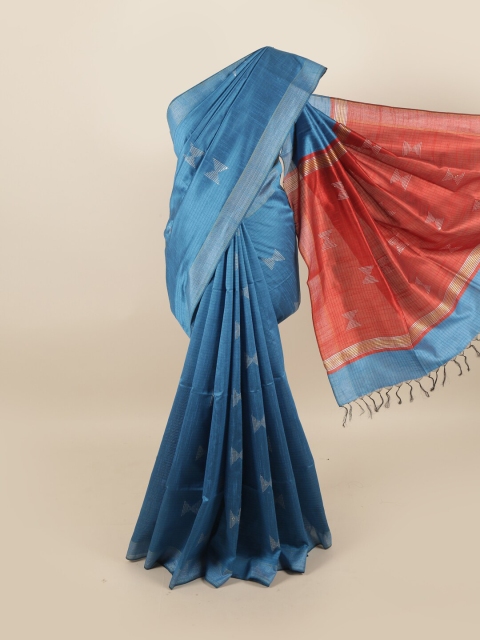 

Pothys Blue & Red Woven Design Sequinned Jute Silk Saree