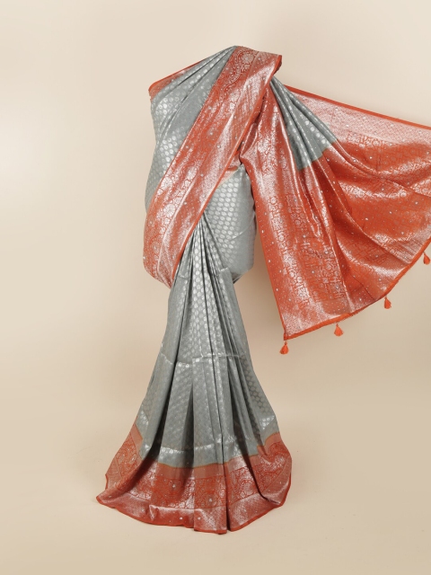 

Pothys Grey & Red Floral Beads and Stones Silk Blend Saree