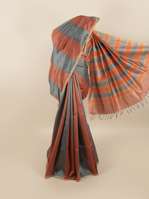 

Pothys Grey & Orange Striped Jute Silk Saree