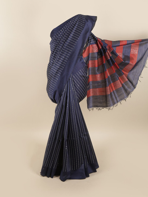 

Pothys Navy Blue & White Striped Sequinned Jute Silk Saree