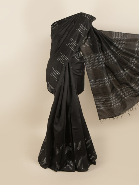 

Pothys Black & Silver-Toned Sequinned Jute Silk Saree