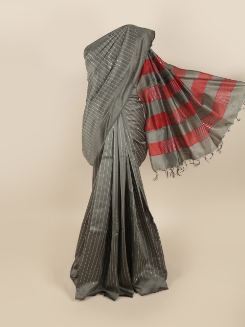 

Pothys Grey & Red Striped Sequinned Jute Silk Saree