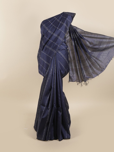 

Pothys Navy Blue & Silver-Toned Striped Sequinned Jute Silk Saree
