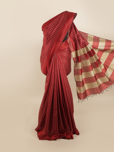 

Pothys Red & Beige Striped Sequinned Jute Silk Saree