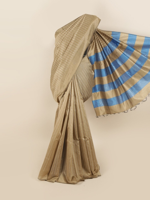 

Pothys Beige & Blue Striped Sequinned Jute Silk Saree