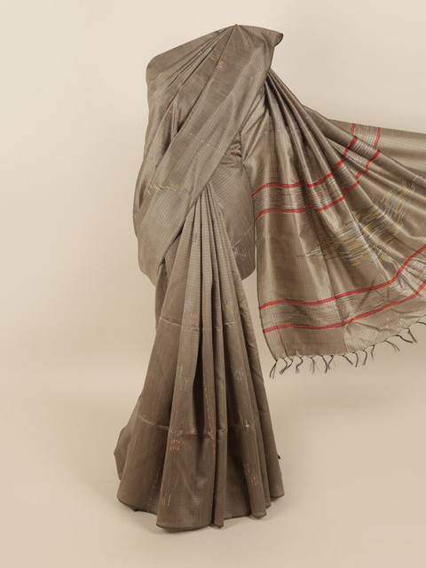 

Pothys Grey & Red Striped Embroidered Jute Silk Saree
