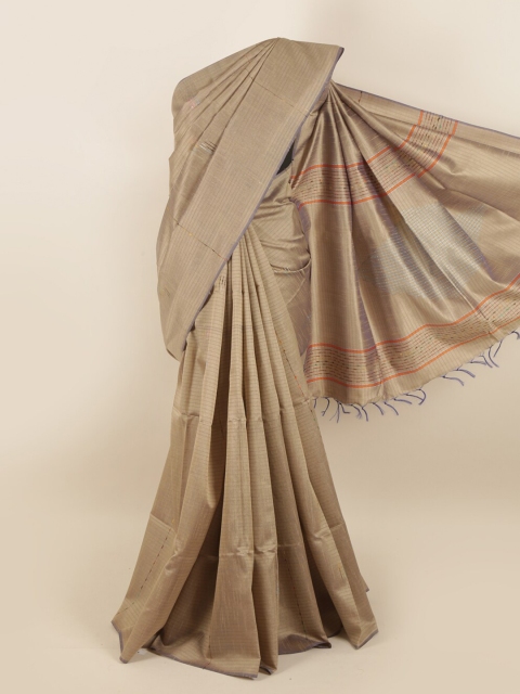 

Pothys Beige & Red Striped Embroidered Jute Silk Saree