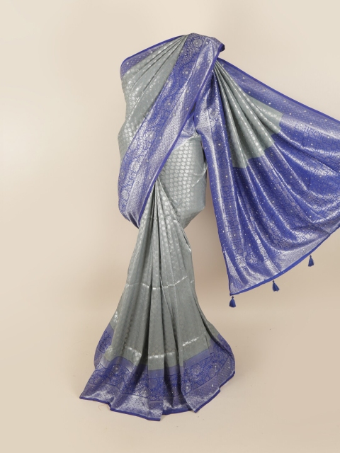 

Pothys Grey & Blue Ethnic Motifs Beads and Stones Silk Blend Saree