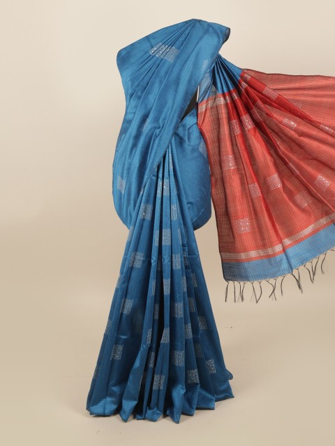 

Pothys Blue & Red Sequinned Jute Silk Saree