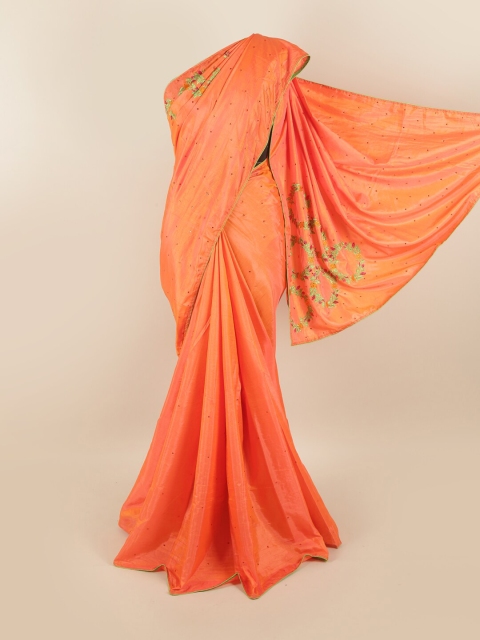 

Pothys Coral & Gold-Toned Embellished Embroidered Silk Blend Saree