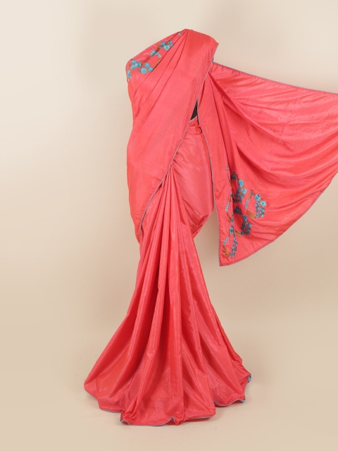 

Pothys Pink & Blue Embellished & Embroidered Silk Blend Saree