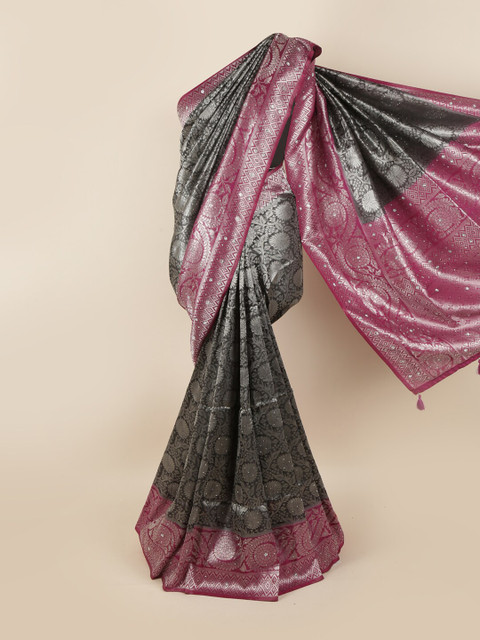 

Pothys Black & Pink Floral Beads and Stones Silk Blend Saree