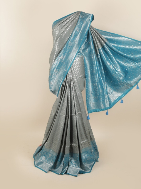 

Pothys Grey & Blue Ethnic Motifs Beads and Stones Silk Blend Saree