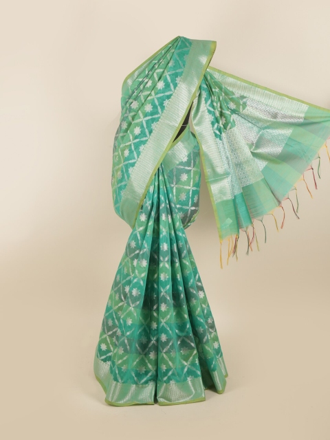 

Pothys Green & Silver-Toned Ethnic Motifs Beads and Stones Saree