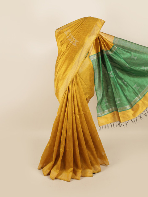 

Pothys Mustard & Green Sequinned Jute Silk Saree