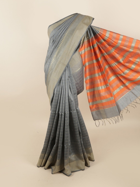 

Pothys Grey & Orange Checked Zari Jute Silk Saree