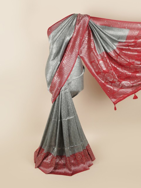 

Pothys Grey & Red Ethnic Motifs Beads and Stones Silk Blend Saree