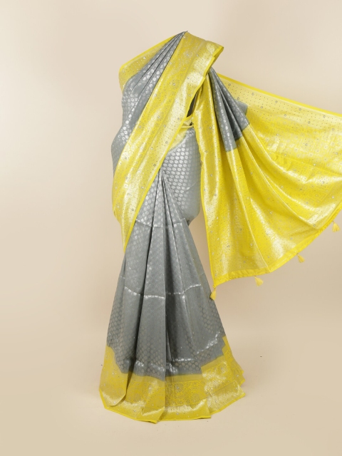 

Pothys Grey & Yellow Ethnic Motifs Beads and Stones Silk Blend Saree